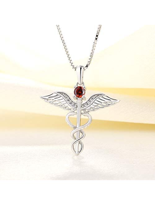 YL Caduceus Necklace Sterling Silver Doctor Nurse Themed Pendant Gemstones Angel Wings Snake Jewelry for Women