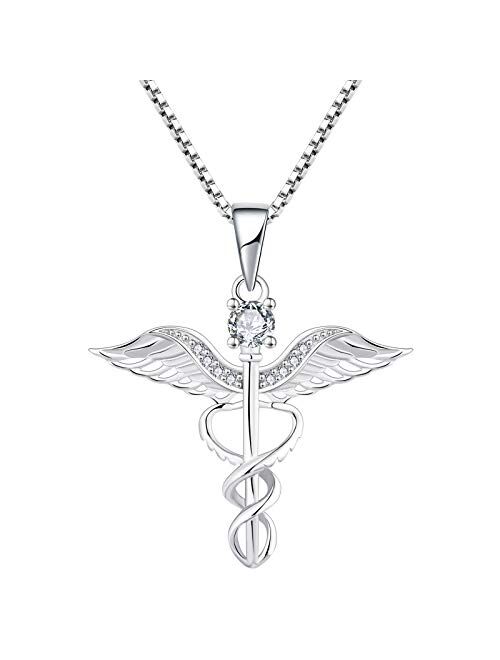 YL Caduceus Necklace Sterling Silver Doctor Nurse Themed Pendant Gemstones Angel Wings Snake Jewelry for Women