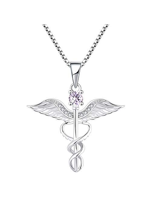 YL Caduceus Necklace Sterling Silver Doctor Nurse Themed Pendant Gemstones Angel Wings Snake Jewelry for Women