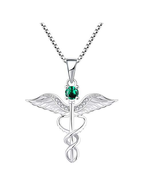 YL Caduceus Necklace Sterling Silver Doctor Nurse Themed Pendant Gemstones Angel Wings Snake Jewelry for Women