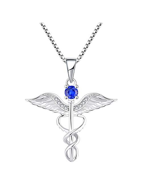 YL Caduceus Necklace Sterling Silver Doctor Nurse Themed Pendant Gemstones Angel Wings Snake Jewelry for Women