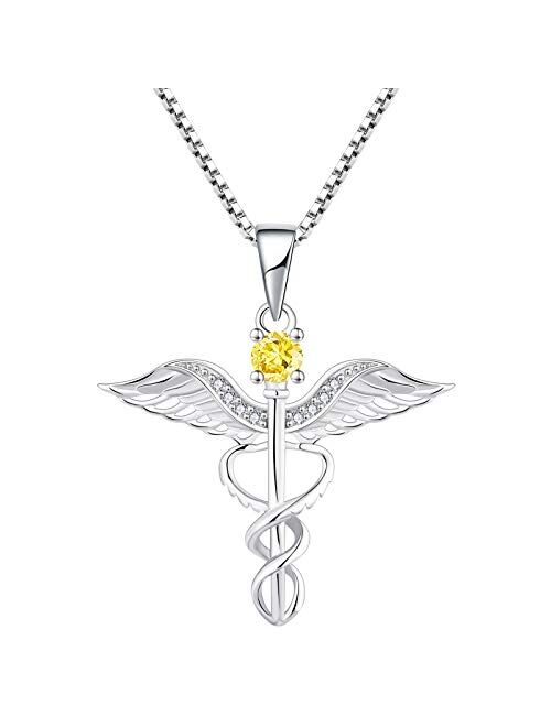 YL Caduceus Necklace Sterling Silver Doctor Nurse Themed Pendant Gemstones Angel Wings Snake Jewelry for Women