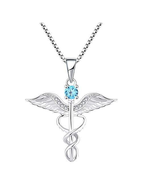 YL Caduceus Necklace Sterling Silver Doctor Nurse Themed Pendant Gemstones Angel Wings Snake Jewelry for Women