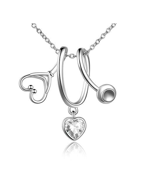 LUHE Stethoscope Pendant Necklace 925 Sterling Silver Heart Necklace Doctor Nurse Graduation Gift