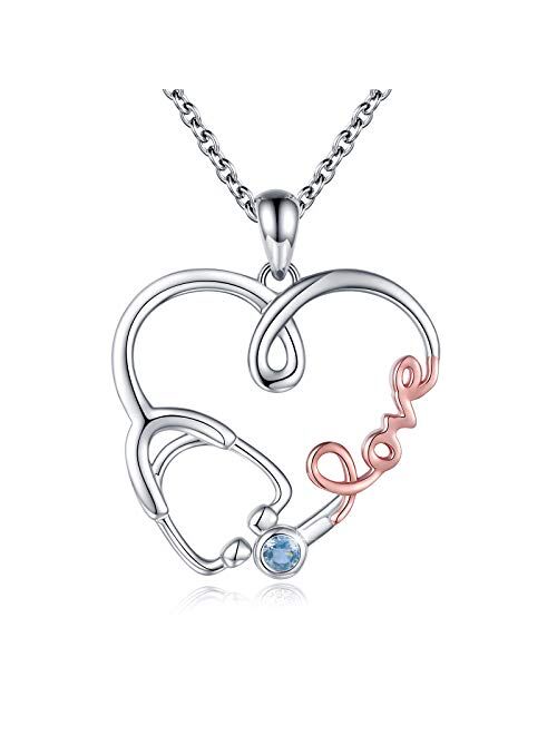 925 Sterling Silver Stethoscope Birthstone Necklace for Nurse Love Charm Doctor Jewelry Gifts for Nurse Graduation Medical Student