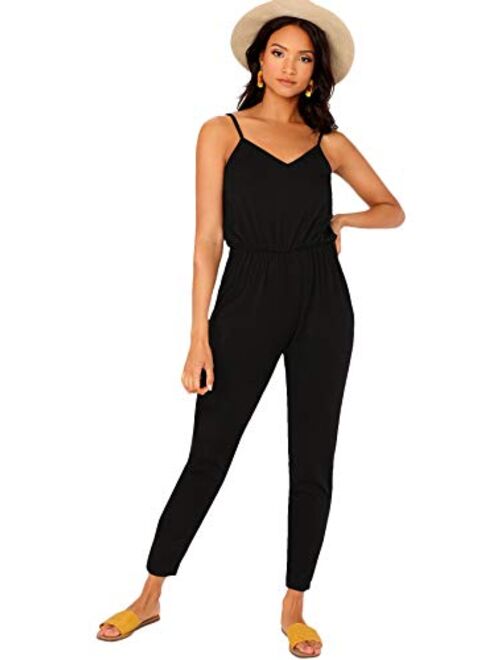 DIDK Women's Spaghetti Strap V Neck Sleeveless Solid Cami Jumpsuits