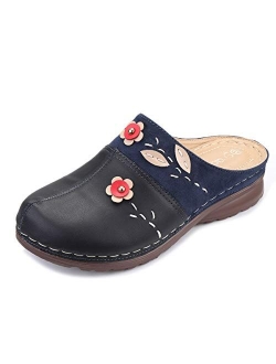 gracosy Clogs Shoes for Women, Summer Leather Slippers Loafers Slip on Comfort Mules Antil Slip Beach Slippers Ladies Flowers Sandals