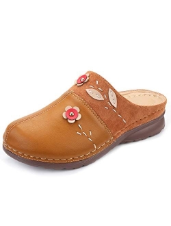 gracosy Clogs Shoes for Women, Summer Leather Slippers Loafers Slip on Comfort Mules Antil Slip Beach Slippers Ladies Flowers Sandals