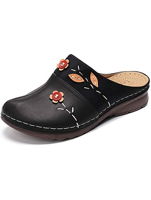 gracosy Clogs Shoes for Women, Summer Leather Slippers Loafers Slip on Comfort Mules Antil Slip Beach Slippers Ladies Flowers Sandals