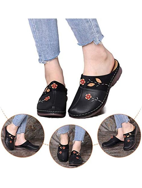 gracosy Clogs Shoes for Women, Summer Leather Slippers Loafers Slip on Comfort Mules Antil Slip Beach Slippers Ladies Flowers Sandals