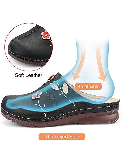 gracosy Clogs Shoes for Women, Summer Leather Slippers Loafers Slip on Comfort Mules Antil Slip Beach Slippers Ladies Flowers Sandals