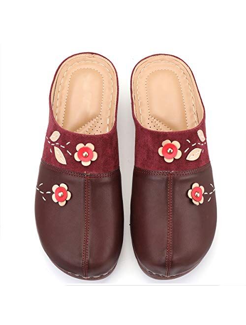 gracosy Clogs Shoes for Women, Summer Leather Slippers Loafers Slip on Comfort Mules Antil Slip Beach Slippers Ladies Flowers Sandals