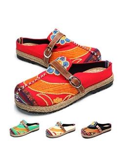 Women's Mule Breathable Flat Espadrilles Shoes Slip on Slippers Summer Sandals Closed Toe Outdoor Walking Driving Shoes Chinese Embroidery Espadrilles Garden Clogs House 