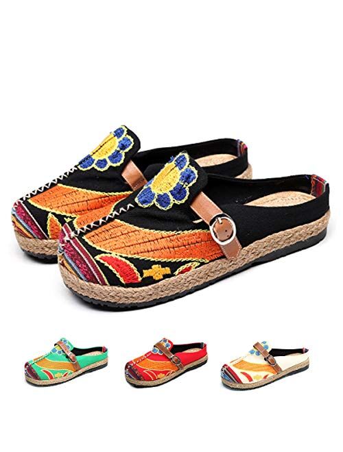 Women's Mule Breathable Flat Espadrilles Shoes Slip on Slippers Summer Sandals Closed Toe Outdoor Walking Driving Shoes Chinese Embroidery Espadrilles Garden Clogs House 