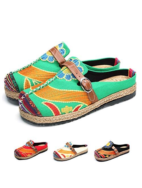 Women's Mule Breathable Flat Espadrilles Shoes Slip on Slippers Summer Sandals Closed Toe Outdoor Walking Driving Shoes Chinese Embroidery Espadrilles Garden Clogs House 