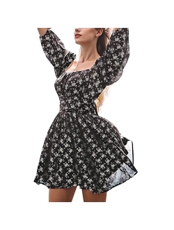 Exlura Womens Lantern Sleeve Tie Back Dress Ruffled Off Shoulder A-Line Vintage Mini Dress