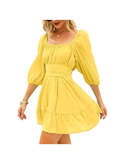 Exlura Womens Lantern Sleeve Tie Back Dress Ruffled Off Shoulder A-Line Vintage Mini Dress