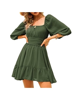 Exlura Womens Lantern Sleeve Tie Back Dress Ruffled Off Shoulder A-Line Vintage Mini Dress