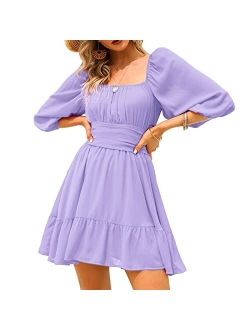 Exlura Womens Lantern Sleeve Tie Back Dress Ruffled Off Shoulder A-Line Vintage Mini Dress