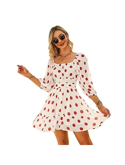 Exlura Womens Lantern Sleeve Tie Back Dress Ruffled Off Shoulder A-Line Vintage Mini Dress