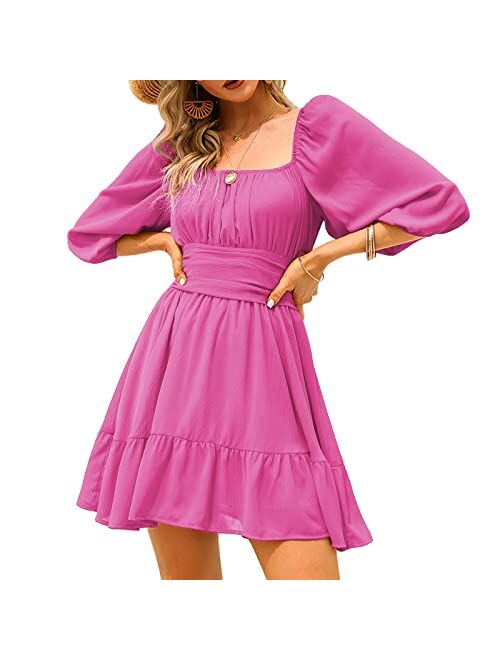 Exlura Womens Lantern Sleeve Tie Back Dress Ruffled Off Shoulder A-Line Vintage Mini Dress