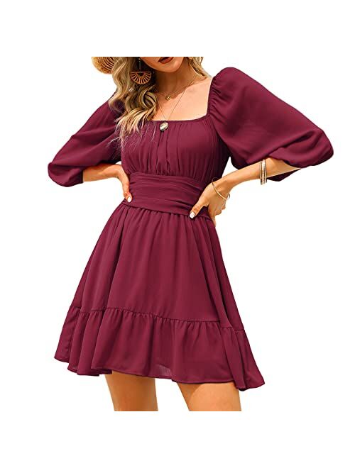 Exlura Womens Lantern Sleeve Tie Back Dress Ruffled Off Shoulder A-Line Vintage Mini Dress