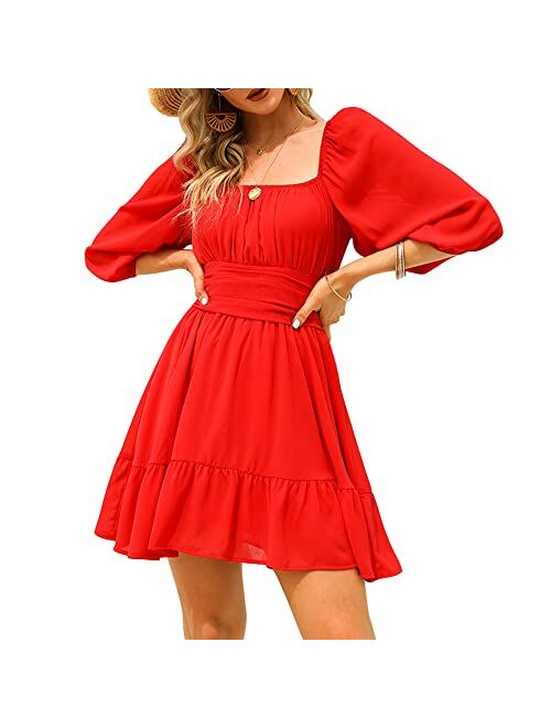 Exlura Womens Lantern Sleeve Tie Back Dress Ruffled Off Shoulder A-Line Vintage Mini Dress