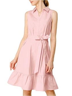 Women's Cotton Dresses Casual Ruffled Collar Sleeveless Vintage Shirt Dress with Belt