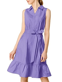 Women's Cotton Dresses Casual Ruffled Collar Sleeveless Vintage Shirt Dress with Belt