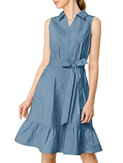 Women's Cotton Dresses Casual Ruffled Collar Sleeveless Vintage Shirt Dress with Belt