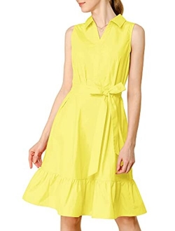 Women's Cotton Dresses Casual Ruffled Collar Sleeveless Vintage Shirt Dress with Belt