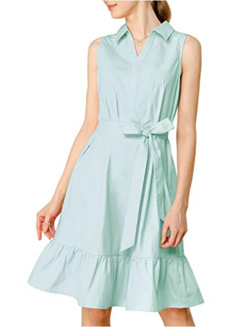 Allegra K Women's Cotton Dresses Casual Ruffled Collar Sleeveless Vintage Shirt Dress with Belt