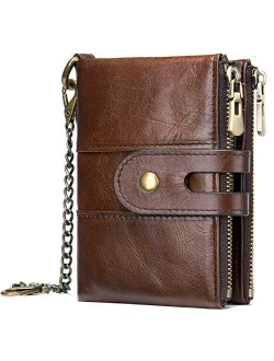 Genuine Leather Soft Bifold Rfid Wallets for Men Coin Purse Keychain Snap Zip Wallet with Chain