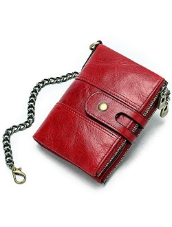 Genuine Leather Soft Bifold Rfid Wallets for Men Coin Purse Keychain Snap Zip Wallet with Chain