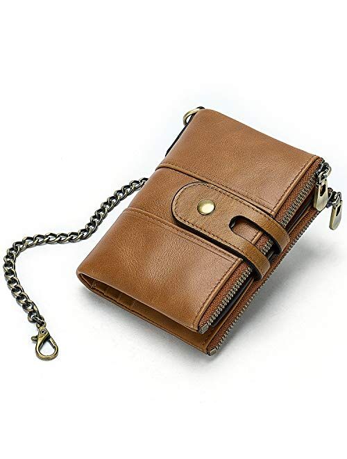 Genuine Leather Soft Bifold Rfid Wallets for Men Coin Purse Keychain Snap Zip Wallet with Chain