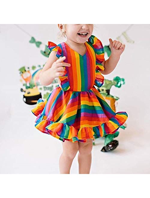 Toddler Infant Baby Girls Rainbow Dress Ruffle Backless Casual Summer Sundress