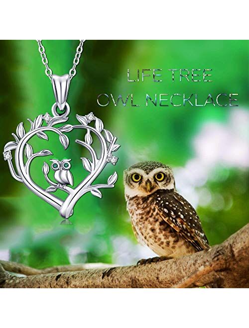 Tree of Life Owl Necklace, 925 Sterling Silver Owl Charm Hanging on Family Tree Pendant Necklace, 18 Inchs Owl Pendant Jewelry of Women Necklace, Tree of Life Gifts for W