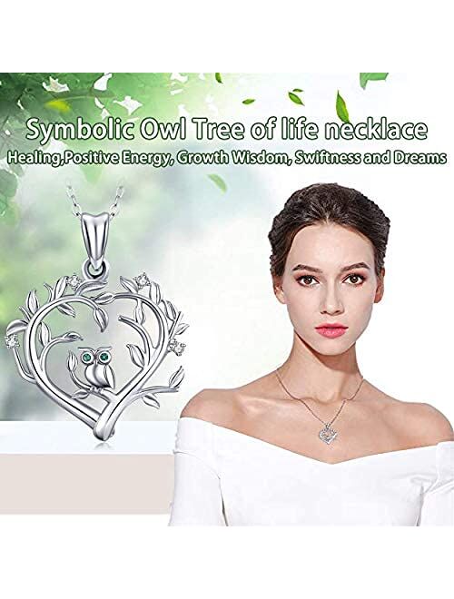 Tree of Life Owl Necklace, 925 Sterling Silver Owl Charm Hanging on Family Tree Pendant Necklace, 18 Inchs Owl Pendant Jewelry of Women Necklace, Tree of Life Gifts for W