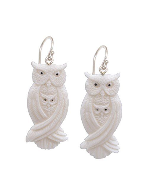 NOVICA Mother and Child .925 Sterling Silver Hand Carved Bone Dangle Earrings, Owl Bond'