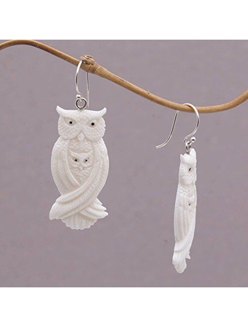 NOVICA Mother and Child .925 Sterling Silver Hand Carved Bone Dangle Earrings, Owl Bond'