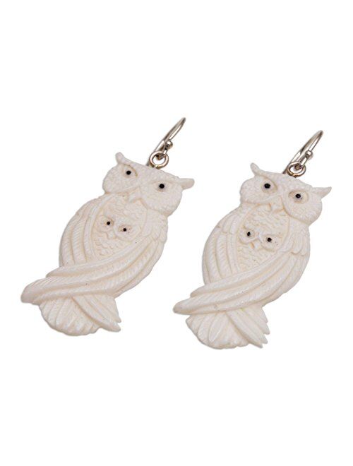 NOVICA Mother and Child .925 Sterling Silver Hand Carved Bone Dangle Earrings, Owl Bond'