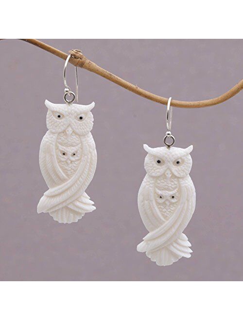 NOVICA Mother and Child .925 Sterling Silver Hand Carved Bone Dangle Earrings, Owl Bond'