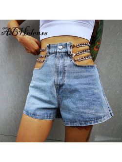 Sexy Chain Hollow Out Denim Shorts Party Club Streetwear Women Jeans Biker Shorts Women