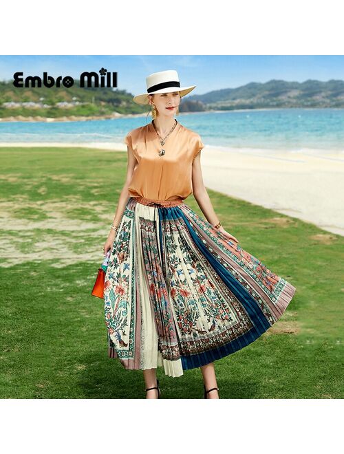 Embro Mill Summer Women's New Short-Sleeved Silk Top + Printed Mid-Length High-Waist Pleated Skirt Lady Two-Piece Suit S-XL