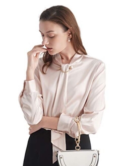 Silk Tie Blouse Long Sleeve Feminine Stand Collar Silk Blouses for Women 19 Momme