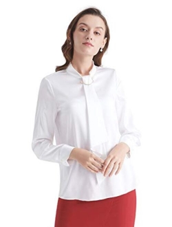 Silk Tie Blouse Long Sleeve Feminine Stand Collar Silk Blouses for Women 19 Momme