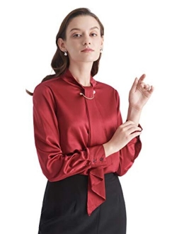 Silk Tie Blouse Long Sleeve Feminine Stand Collar Silk Blouses for Women 19 Momme