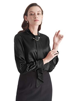 Silk Tie Blouse Long Sleeve Feminine Stand Collar Silk Blouses for Women 19 Momme