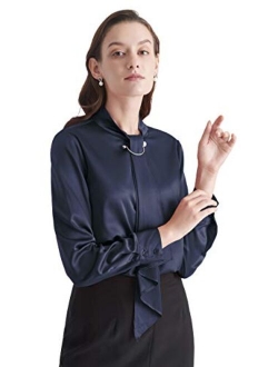 Silk Tie Blouse Long Sleeve Feminine Stand Collar Silk Blouses for Women 19 Momme