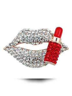 Reizteko Hot Lips Lipstick Rhinestone Brooch Pin Women Jewelry Sweater Shawl Scarf Buckle (White)